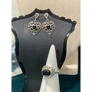 Vintage 925 Sterling Silver Earrings and Ring Set Genuine Gray Topaz and Onyx